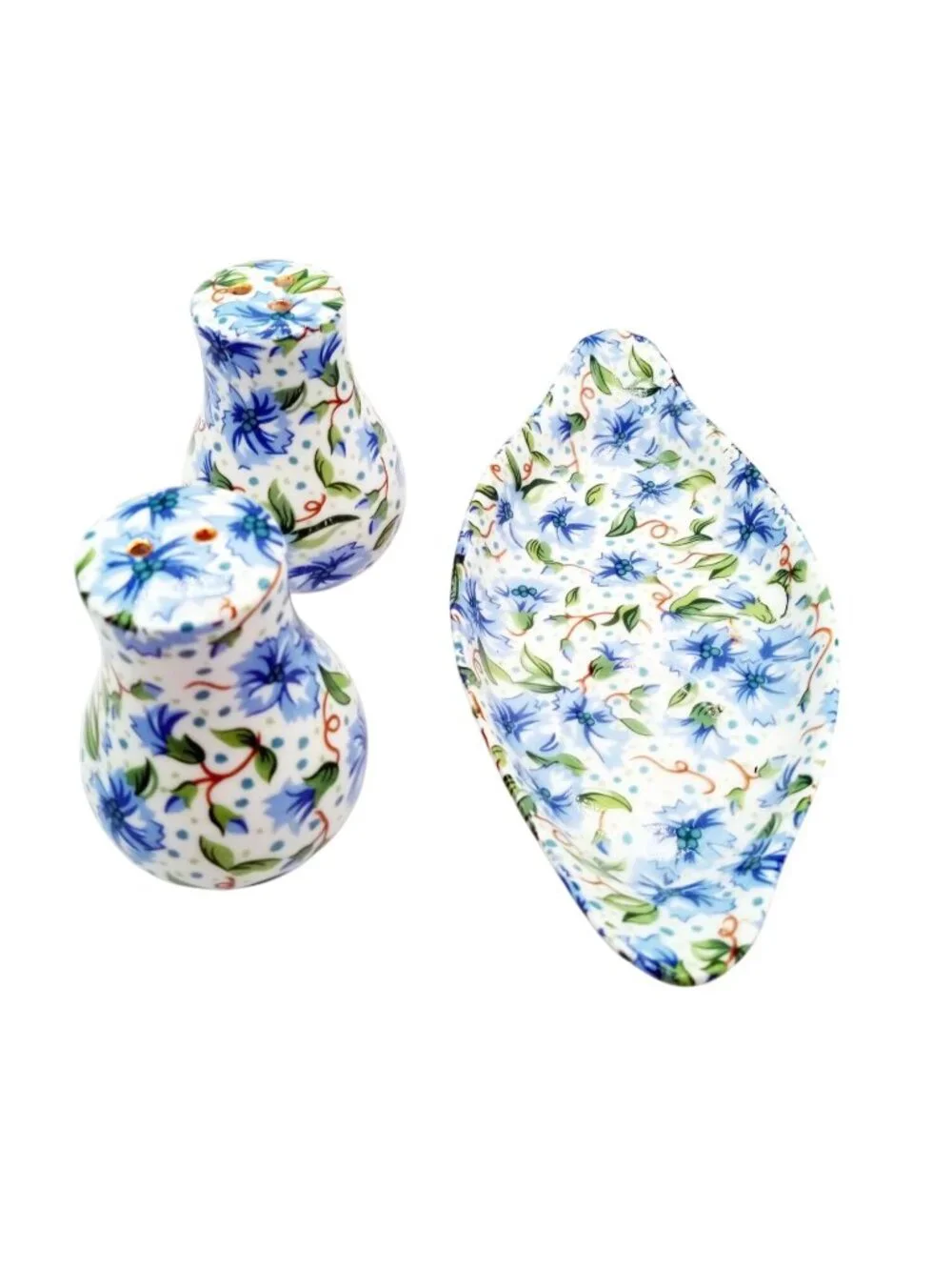Ainsley Two's Company Salt Pepper Shakers Tray Blue Floral Ceramic Set